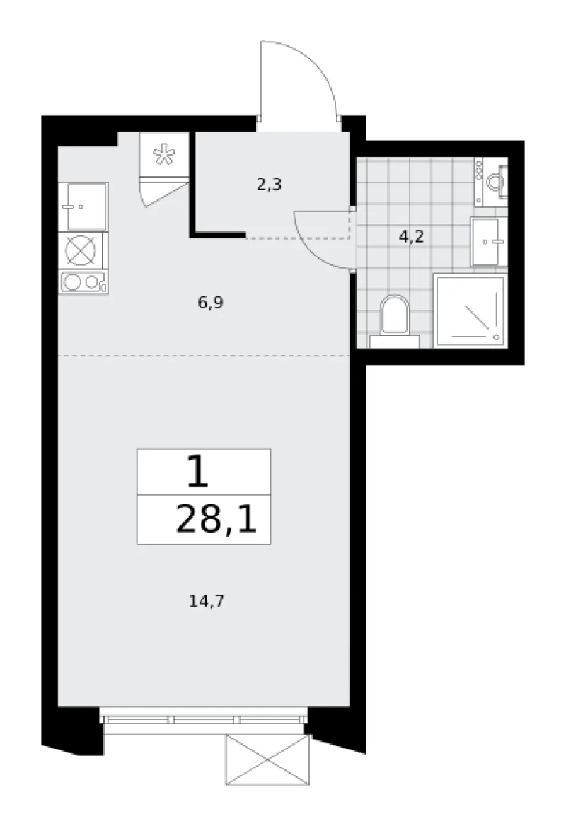 Студия 28.1 м²