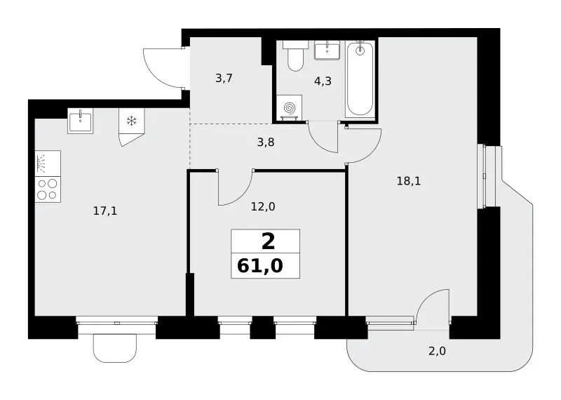 2-комн. 61 м²