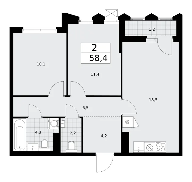 2-комн. 58.4 м²