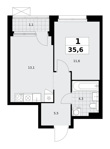 1-комн. 35.6 м²
