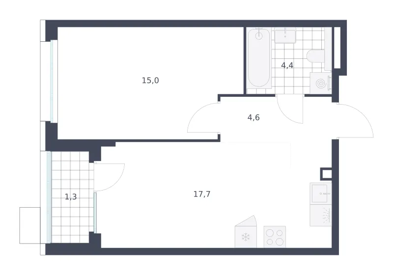 1-комн. 43 м²