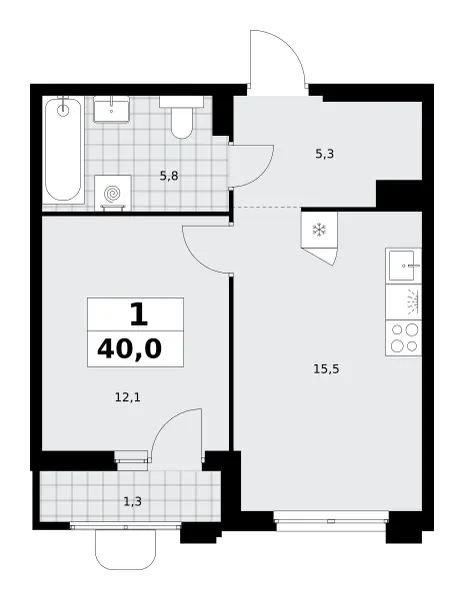 1-комн. 40 м²
