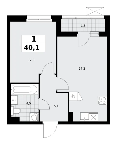 1-комн. 40.1 м²