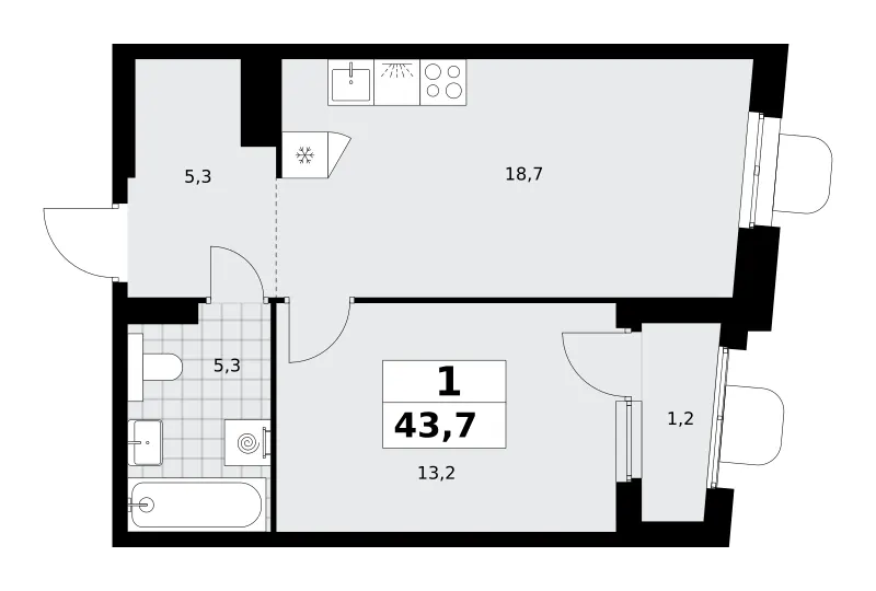 1-комн. 43,7 м²