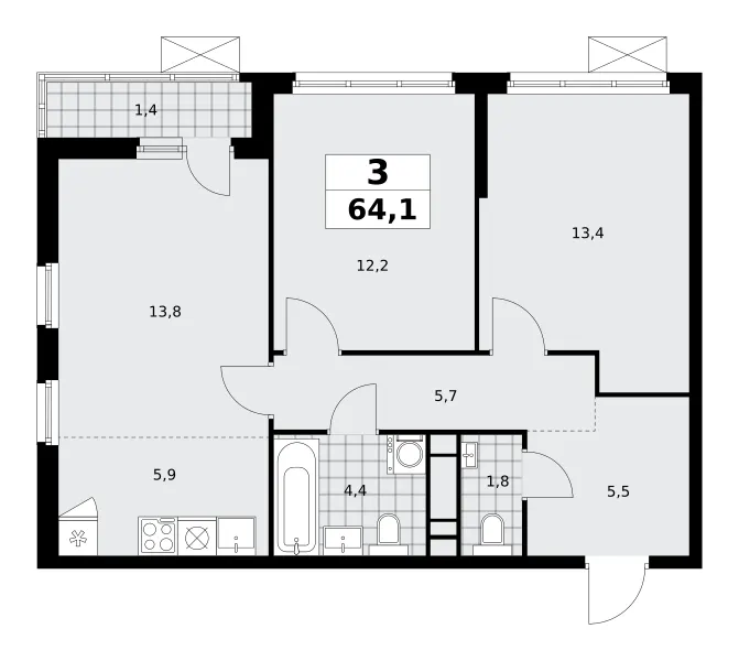 3-комн. 64.1 м²