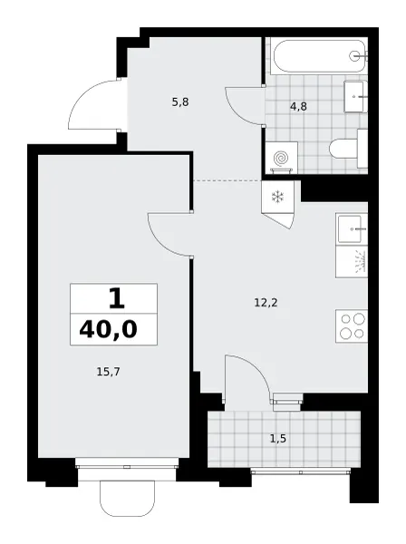 1-комн. 40 м²