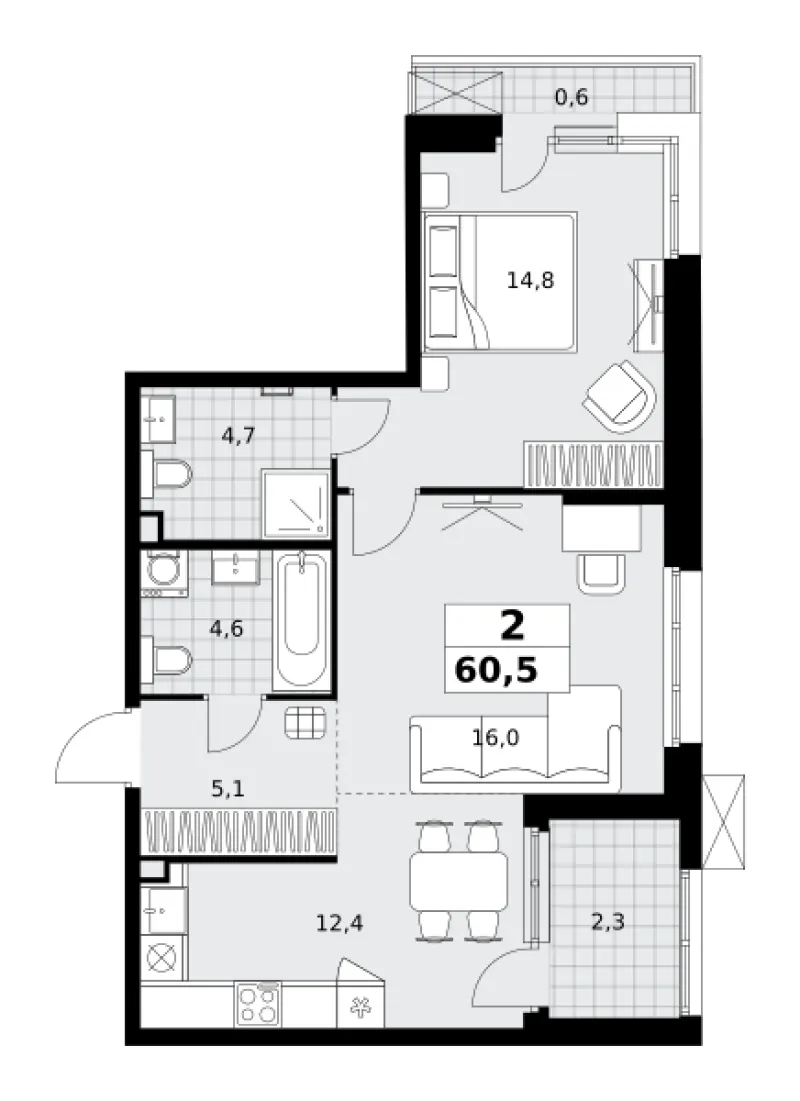 2-комн. 60.5 м²