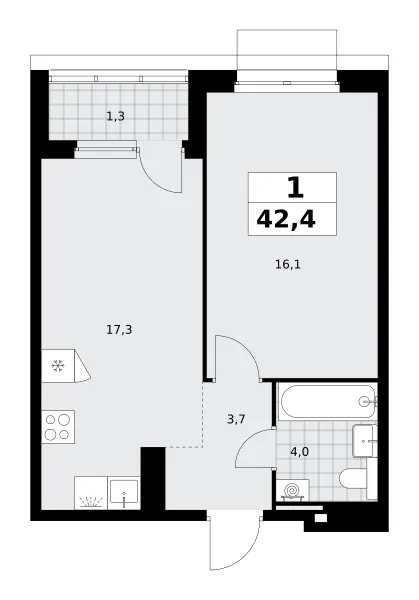 1-комн. 42.4 м²