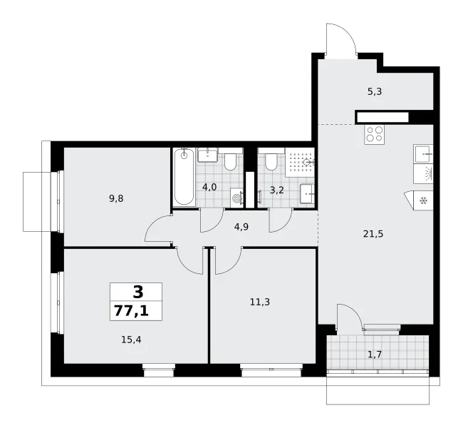 3-комн. 77.1 м²