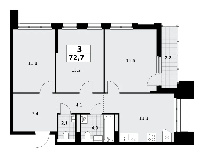 3-комн. 72.7 м²