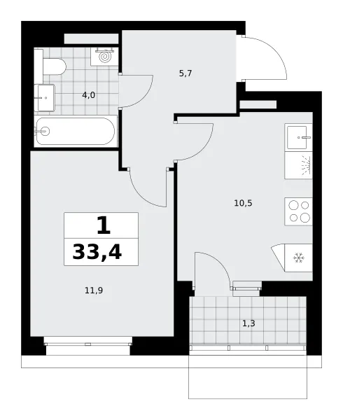 1-комн. 33.4 м²