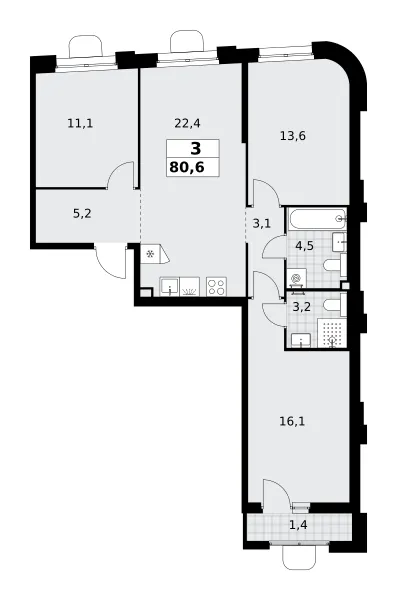 3-комн. 80.6 м²
