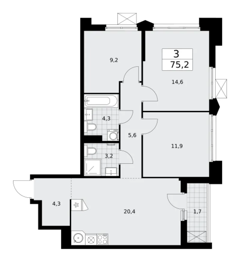 3-комн. 75.2 м²