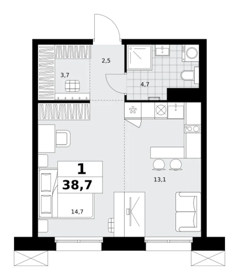 Студия 38.7 м²