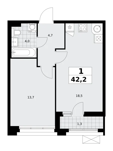 1-комн. 42.2 м²