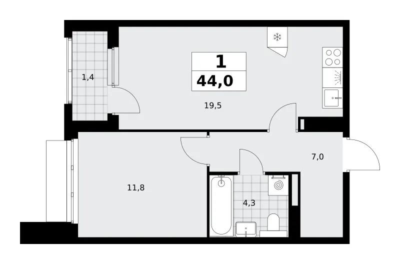 1-комн. 44 м²