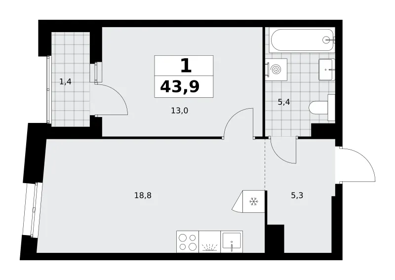 1-комн. 43.9 м²