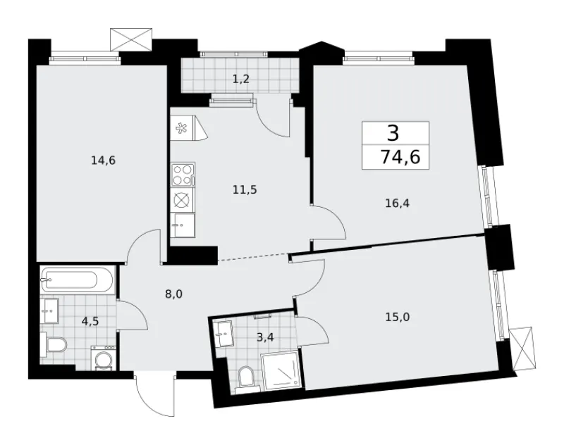 3-комн. 74.6 м²