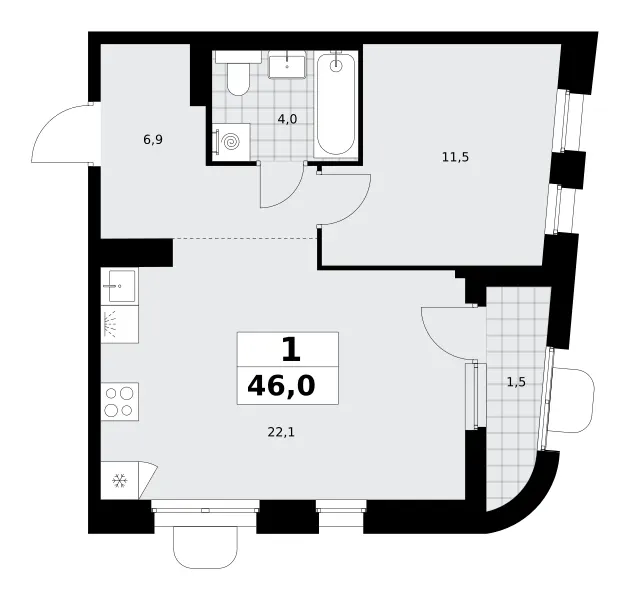 1-комн. 46 м²