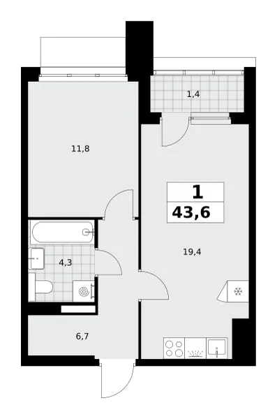 1-комн. 43.6 м²