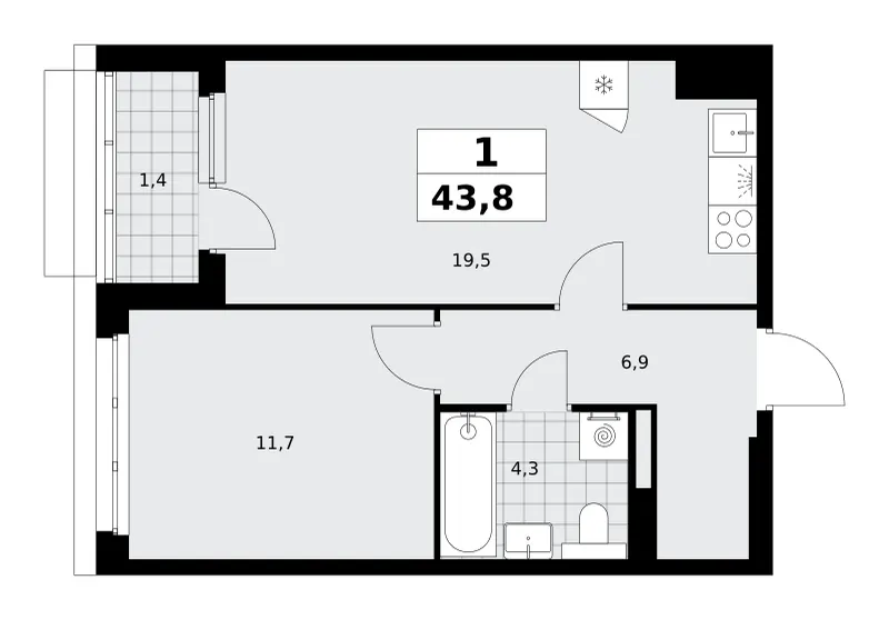 1-комн. 43.8 м²
