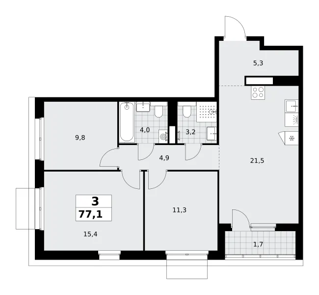 3-комн. 77.1 м²