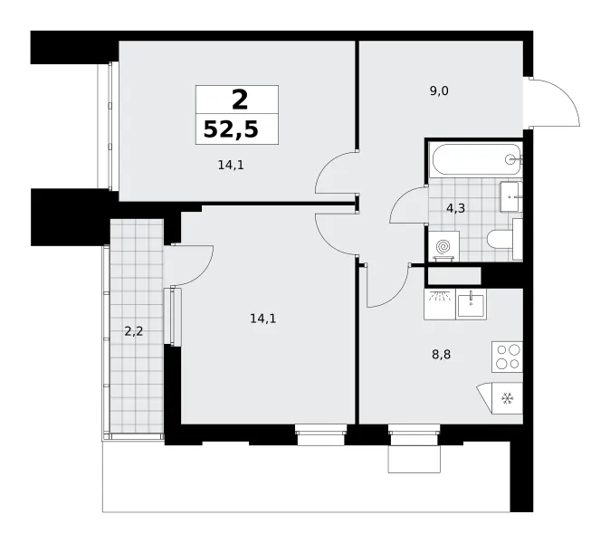2-комн. 52.5 м²