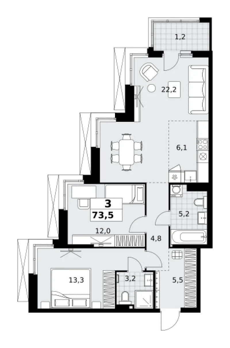 3-комн. 73.5 м²