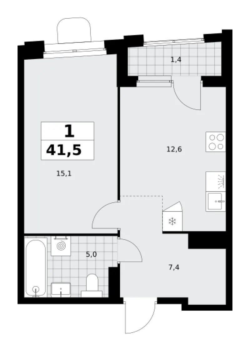 1-комн. 41.5 м²