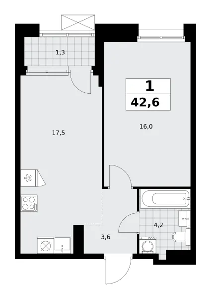 1-комн. 42.6 м²