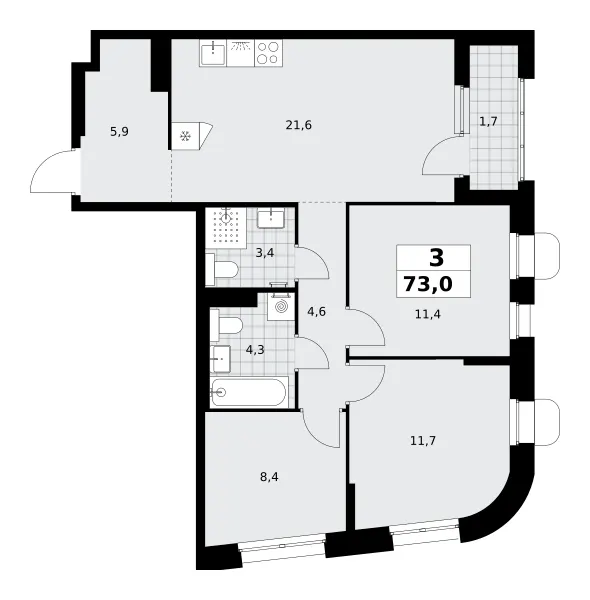 3-комн. 73 м²