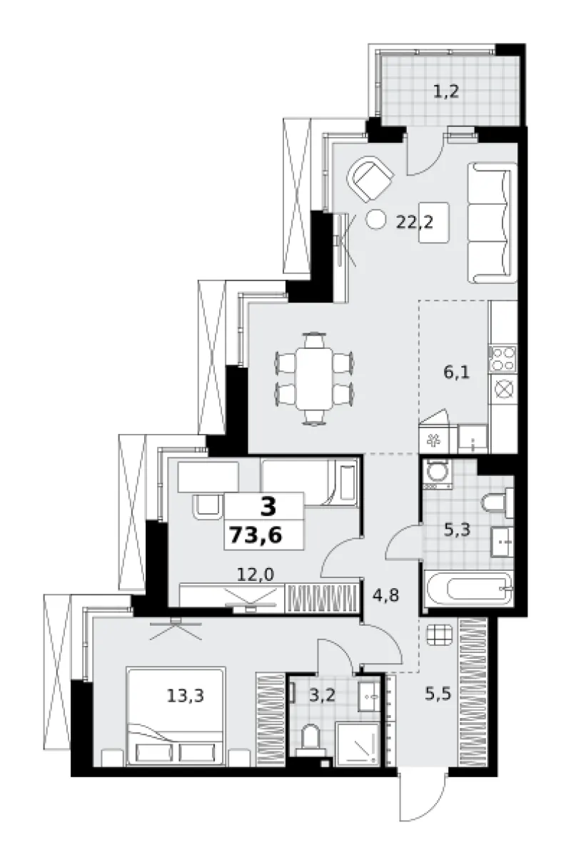 3-комн. 73.6 м²