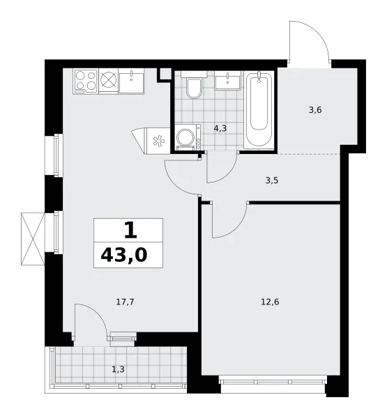 1-комн. 43 м²