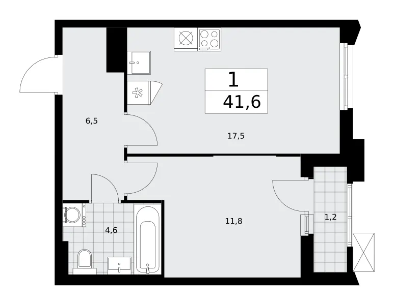 1-комн. 41.6 м²