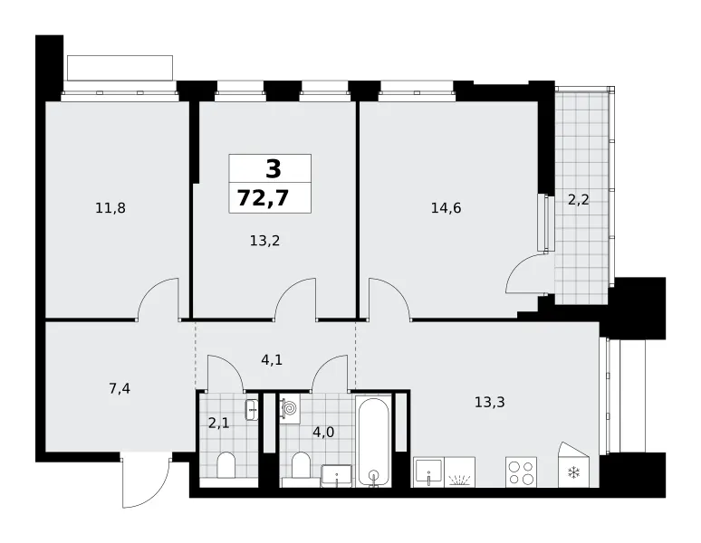 3-комн. 72.7 м²