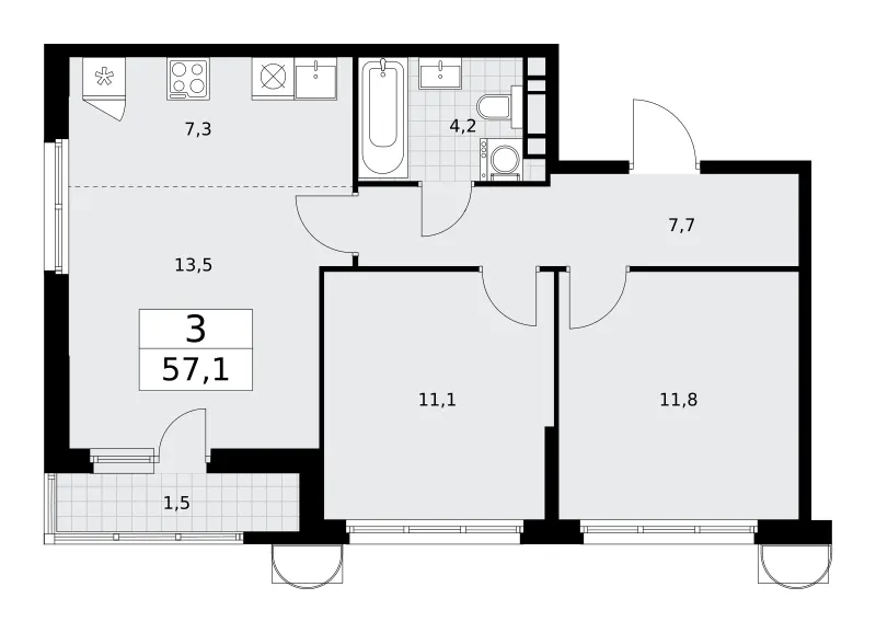 3-комн. 57.1 м²