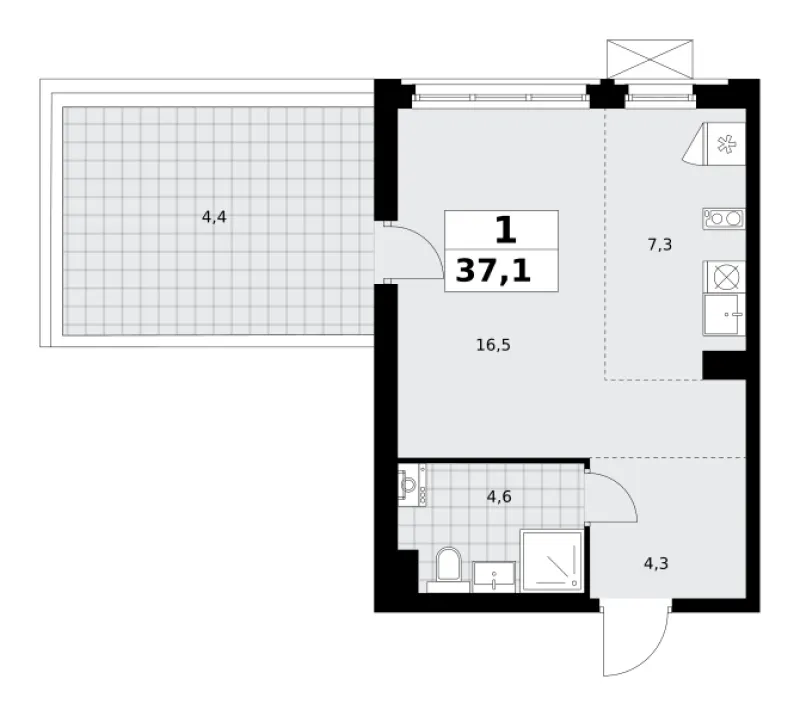 Студия 37.1 м²