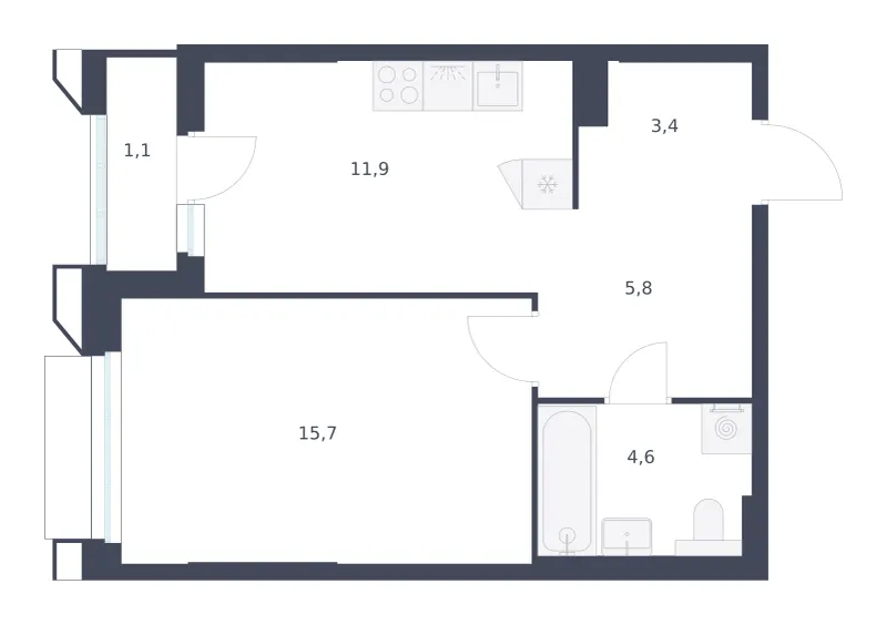 1-комн. 42.5 м²