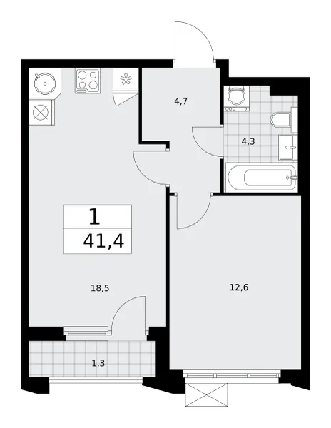 1-комн. 41.4 м²