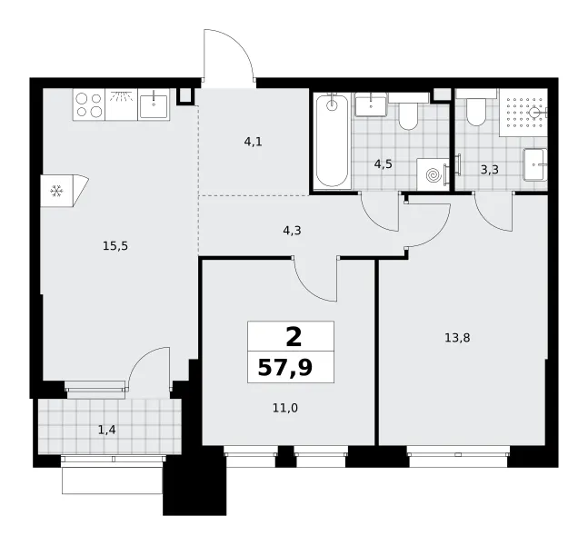 2-комн. 57.9 м²