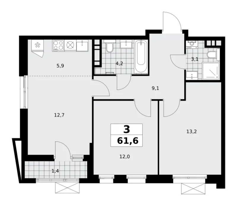 3-комн. 61.6 м²