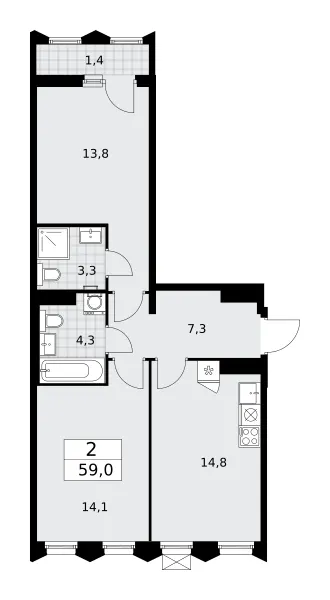 2-комн. 59 м²