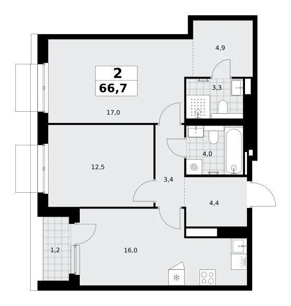 2-комн. 66.7 м²