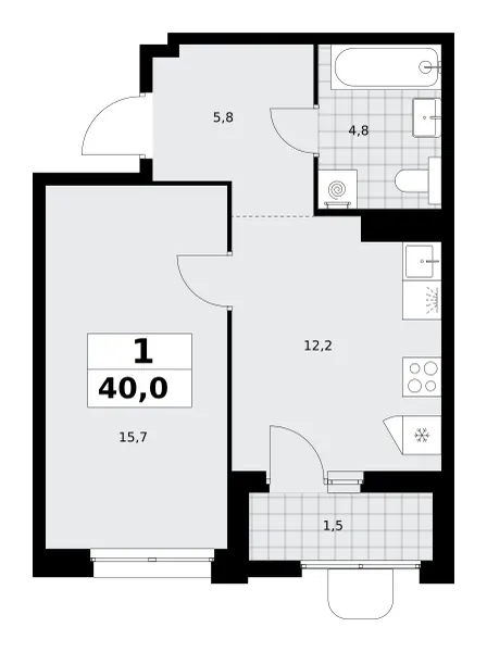 1-комн. 40 м²