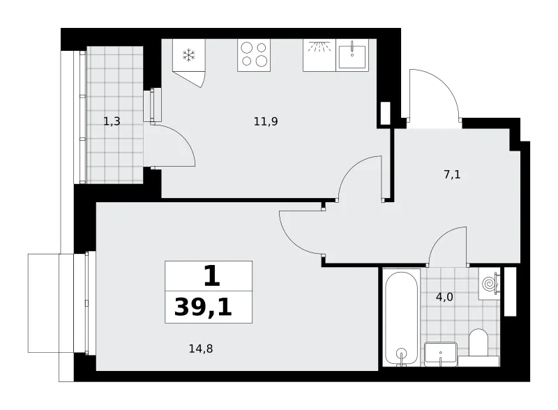 1-комн. 39.1 м²