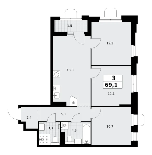 3-комн. 69.1 м²