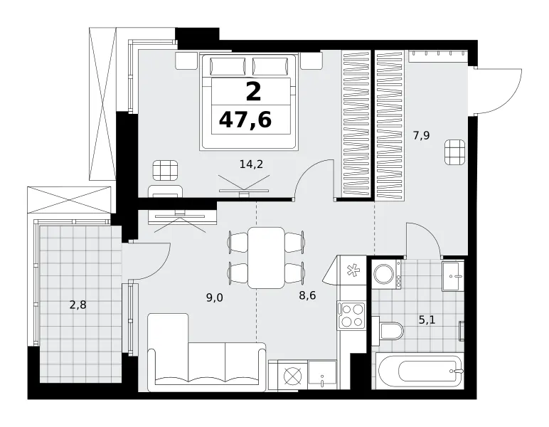 2-комн. 47.6 м²