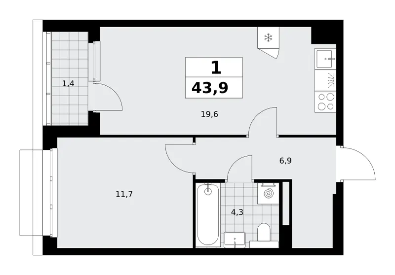 1-комн. 43.9 м²