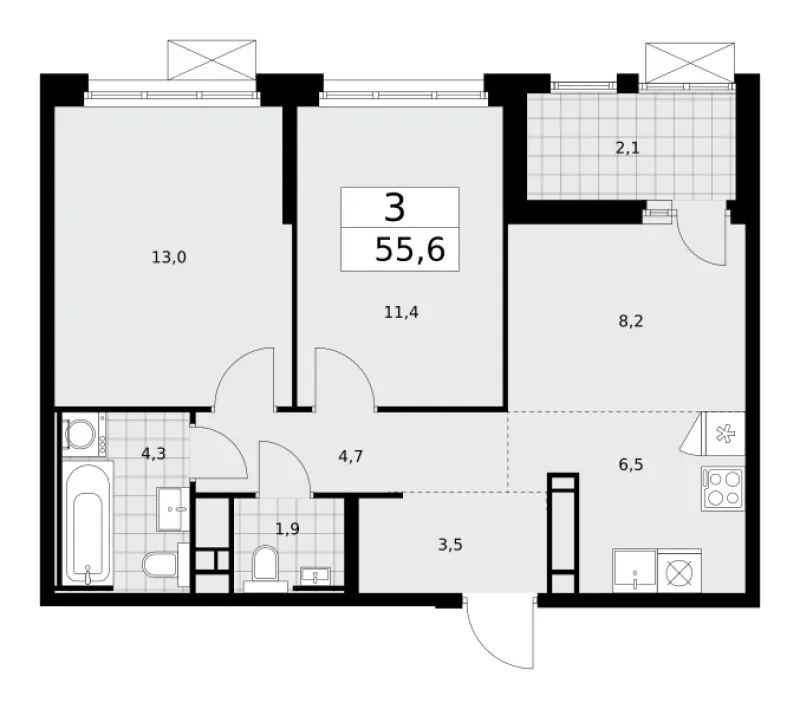 3-комн. 55.6 м²