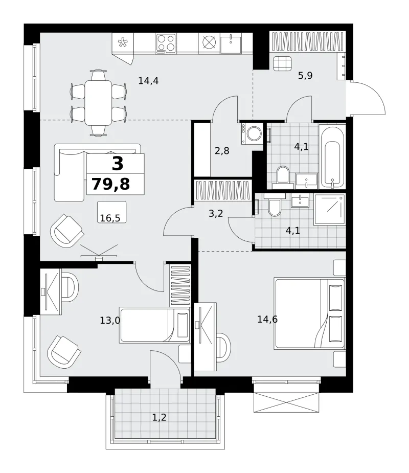 3-комн. 79.8 м²